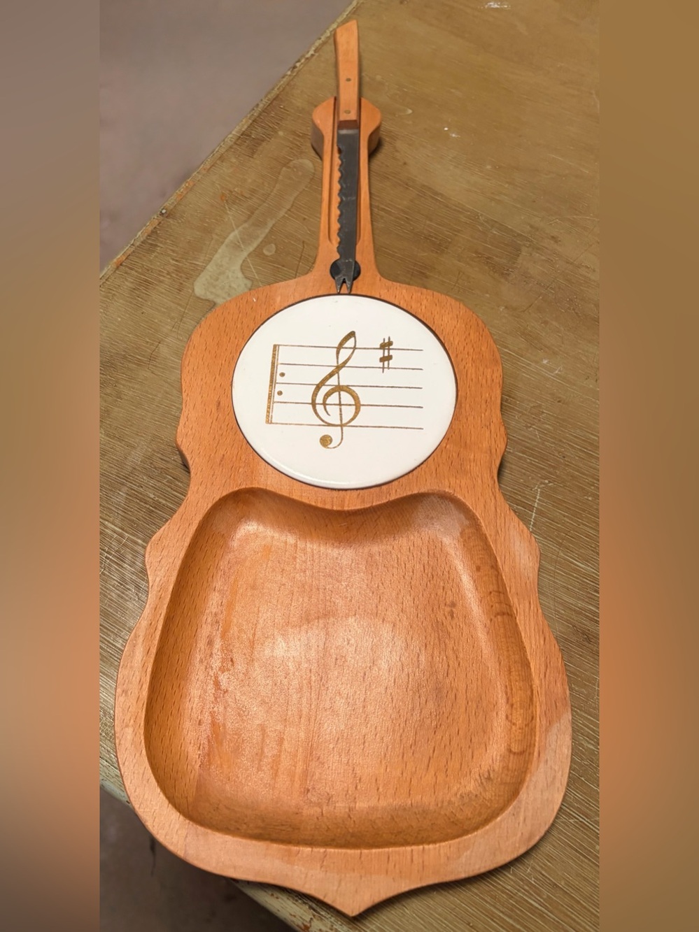 Brown & White Wooden Violin-Shaped Serving Tray